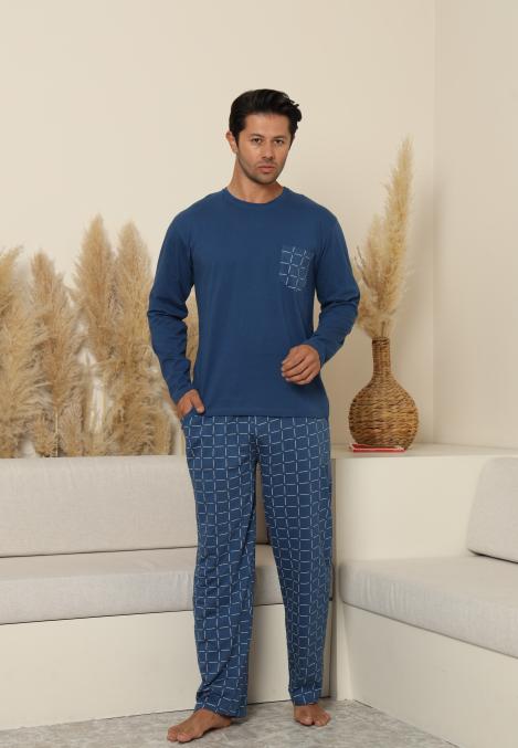 Pijama Barbati ,Maneca si Pantaloni Lungi, Culoare Albastru cu Alb,Engros